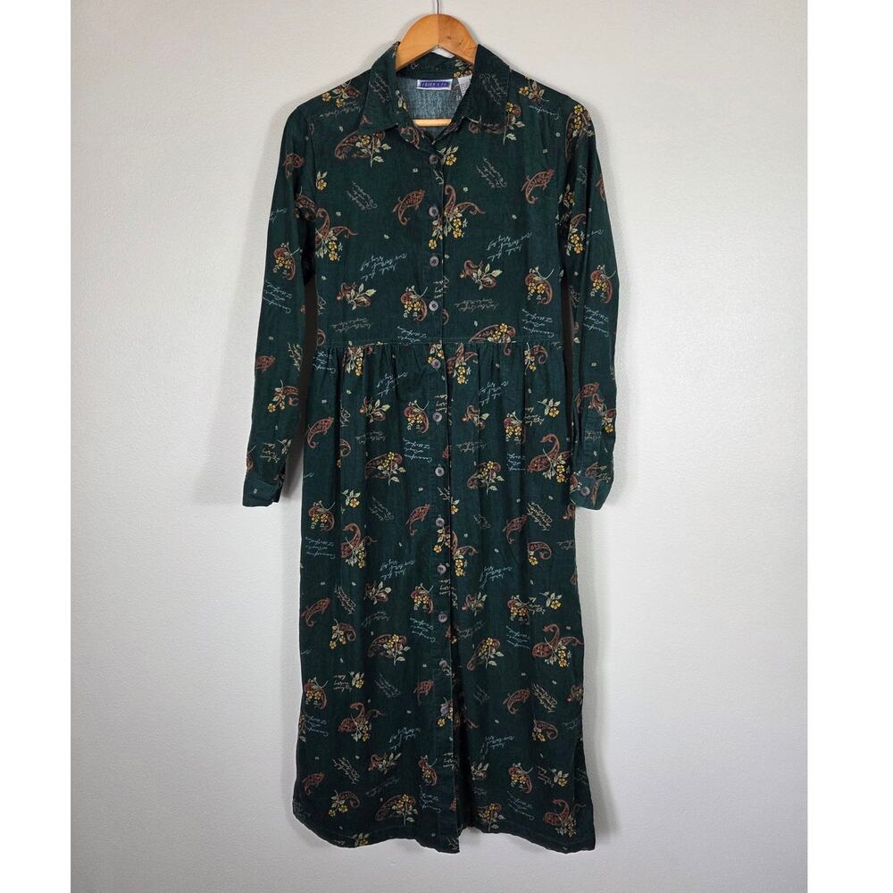 Erica & Co Vintage Corduroy Long Sleeve Maxi Dress Floral Green Size Small